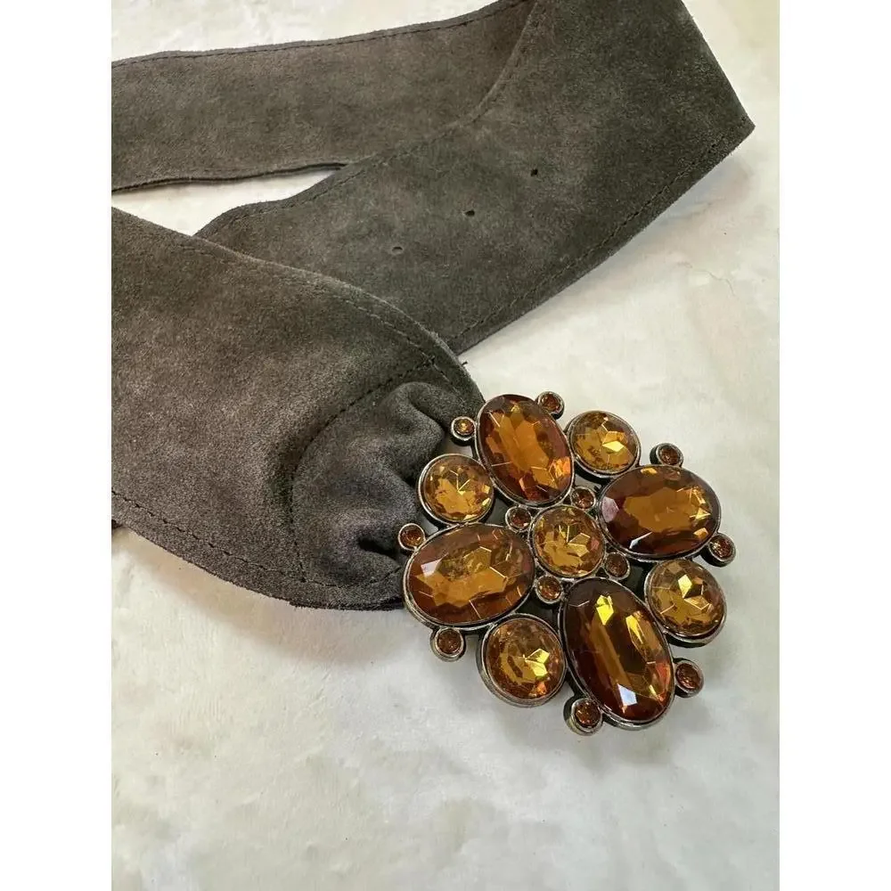 Olive Green Suede Belt with Amber Gemstone Buckle Adjustable Y2K Small/Medium